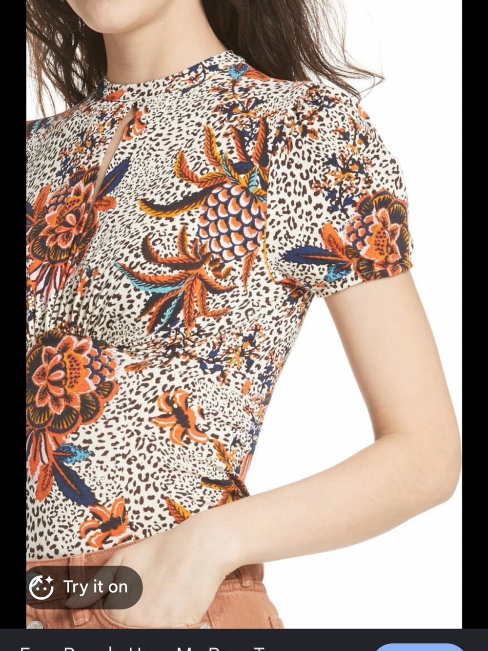 Floral Print Keyhole Puff Sleeve Top — Cream & Orange